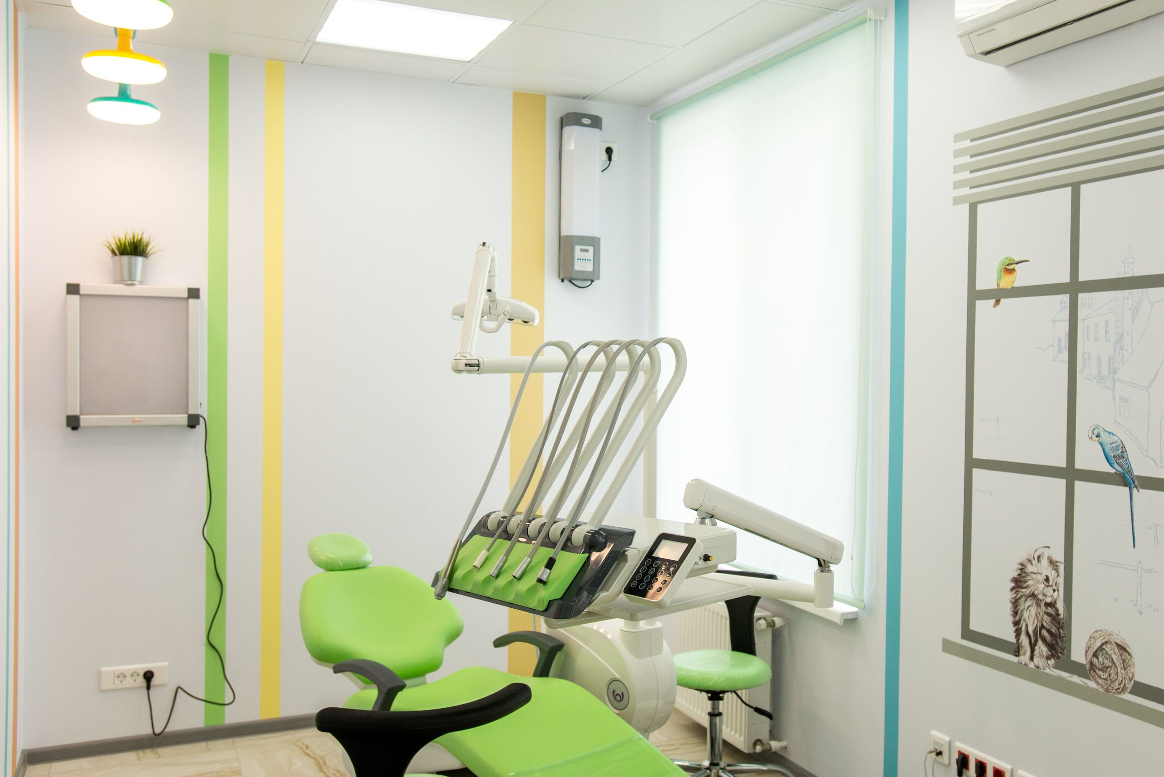 Sala de atendimento clara, com cadeira verde-limão, parede listrada de verde e amarelo, uma planta na prateleira e um mural de pássaros desenhado ao lado da janela.